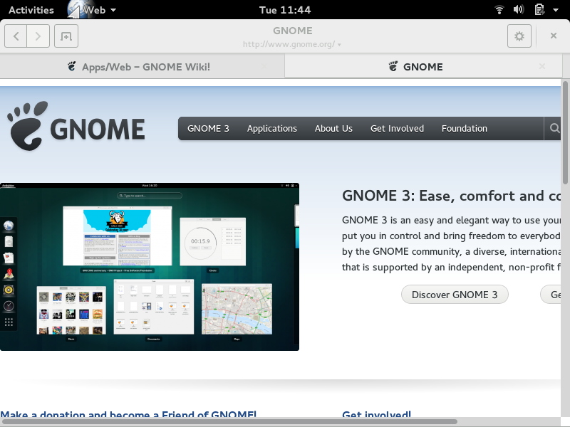 Captura de pantalla completa de Web con la página de la wiki de Web abierta en la primera pestaña la página web de GNOME abierta en la segunda pestaña.