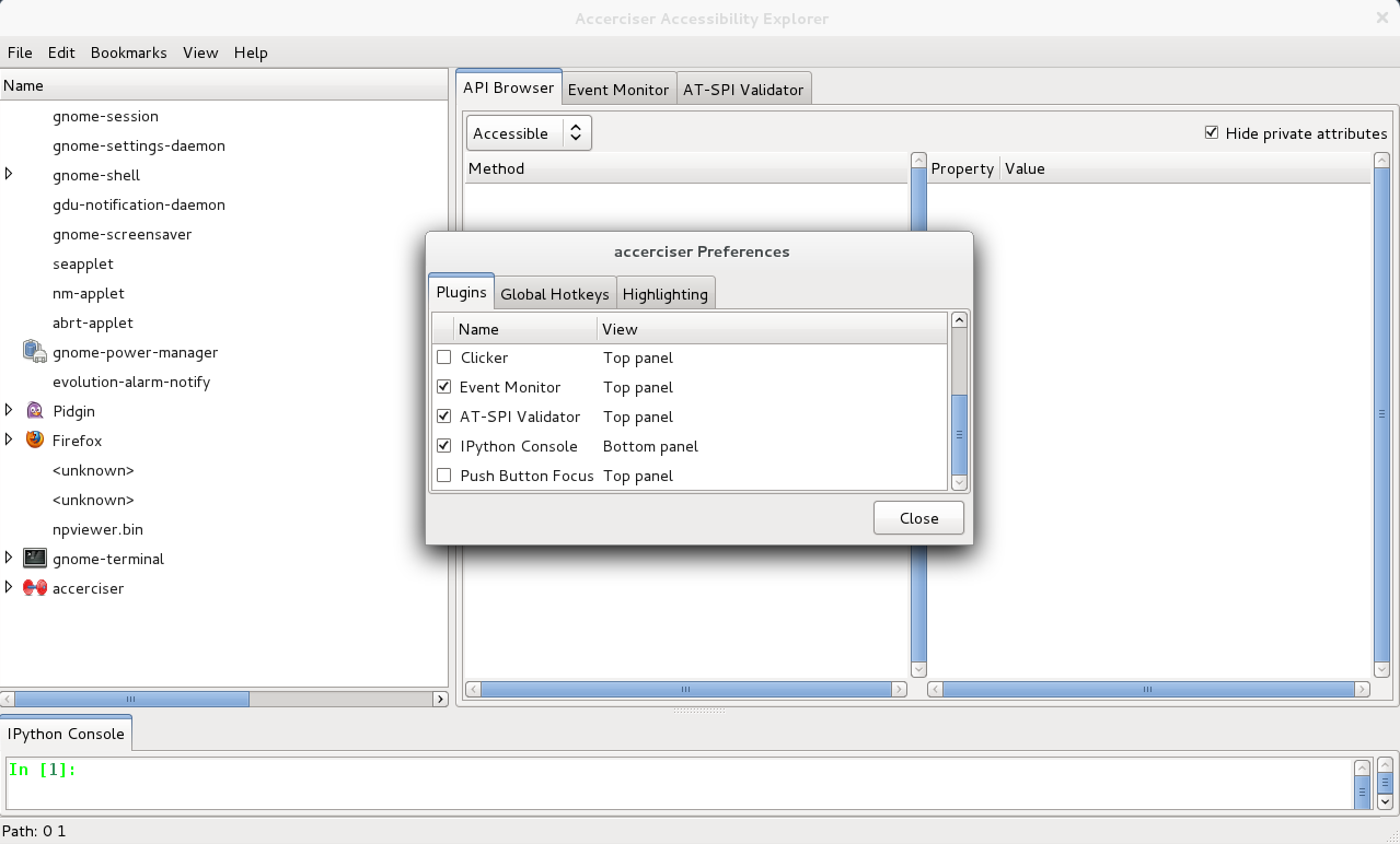 
        Accerciser allows you to configure plugins, global hotkeys, and widget's highlighting.
      