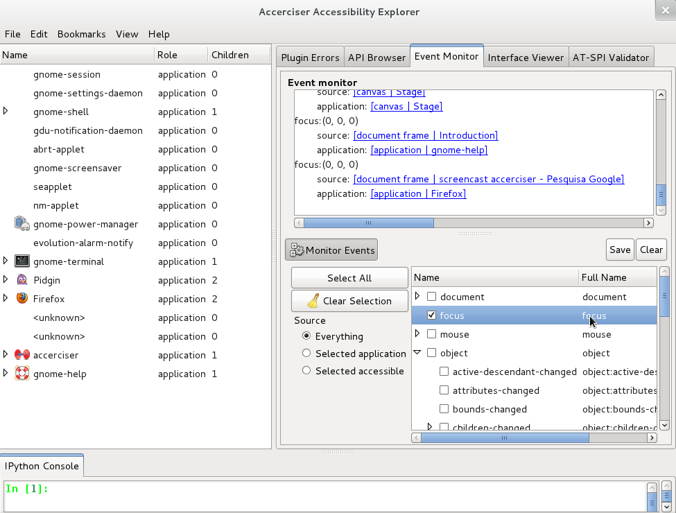 
       The Event Monitor Plugin allows you to view AT-SPI events and match them
       with accessible widgets.
      