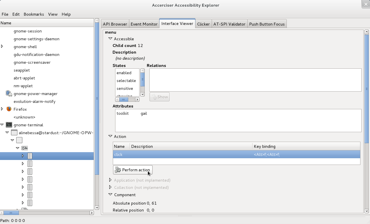 Given a selected item in the Application Tree View, all of its AT-SPI interfaces will be shown as sensitive
      in the Interface Viewer Plugin. Those unsupported will appear grayed out, such as the Application and Collection
      interfaces in the figure above.