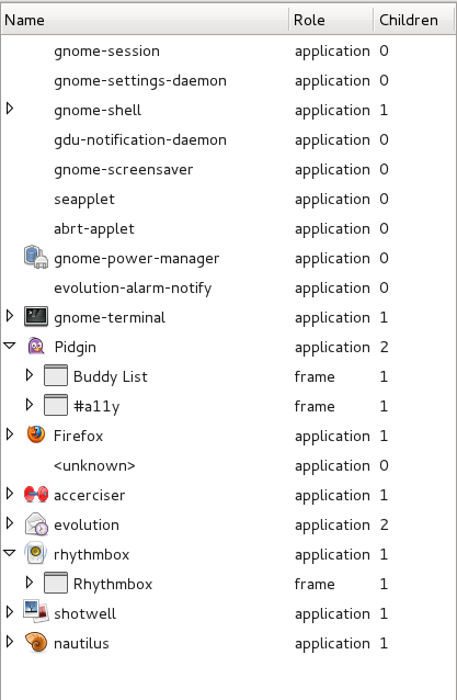 Accerciser's Application Tree View represents the interface of each accessible application
      running on the desktop as a widget hierarchical structure.