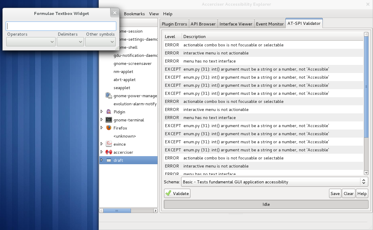 
        The AT-SPI Validator Plugin generates useful reports for verifying the accessibility of
        a target application.
      