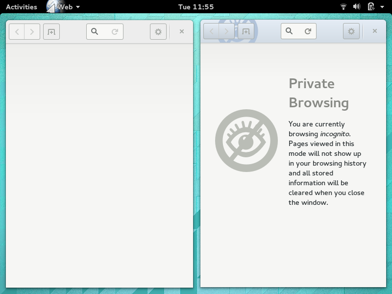 Fullscreen screenshot showing a normal session in a window on the left
      side of the screen and a private browsing session in a different window
      on the right side of the screen.